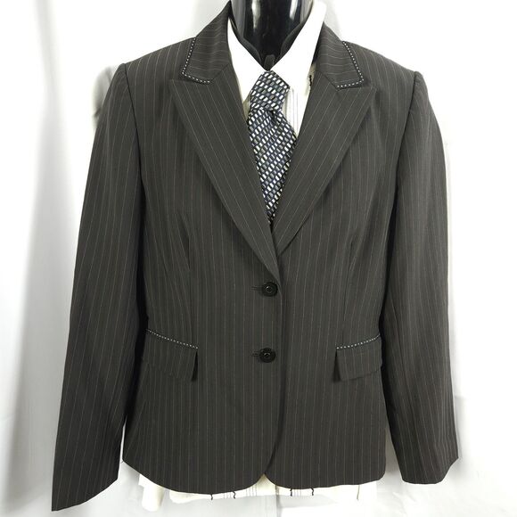 Tahari Womens 10 Black Pinstripe Polyester Blend 2-Button Office Career Blazer - Picture 1 of 7